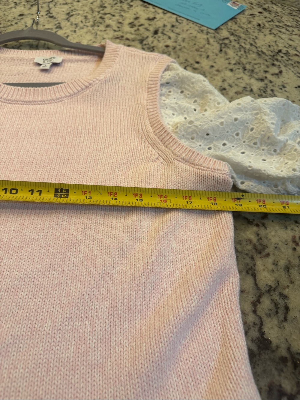 crown & ivy women’s Pink Knit Sweater with Eyelet Puff Sleeves - Picture 5 of 6